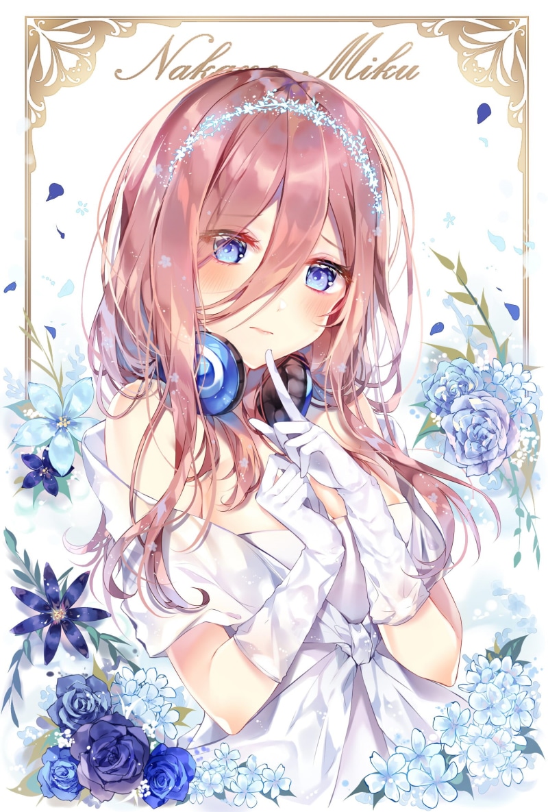 white dress, anime girls, 1080P, anime, gloves, 5-toubun no Hanayome, artwork, headphones, purple flower, simple background, dress, Nakano, plants, vertical