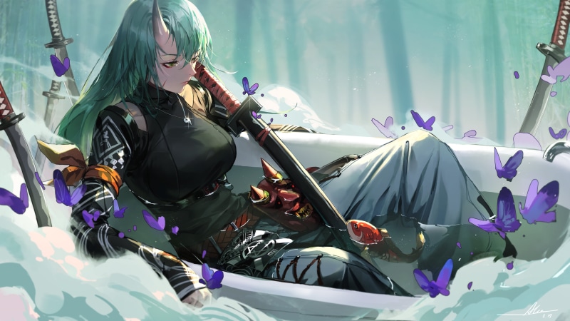 butterfly, horns, Arknights, water, bathtub, weapon, bath, long hair, green eyes, sword, 4K, Hoshiguma (Arknights), green hair