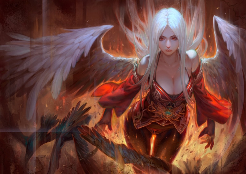 angel, haired, white, 1920x1359, red eyes, wings, illustration, character, red, 1080P, fantasy, eyes, angels