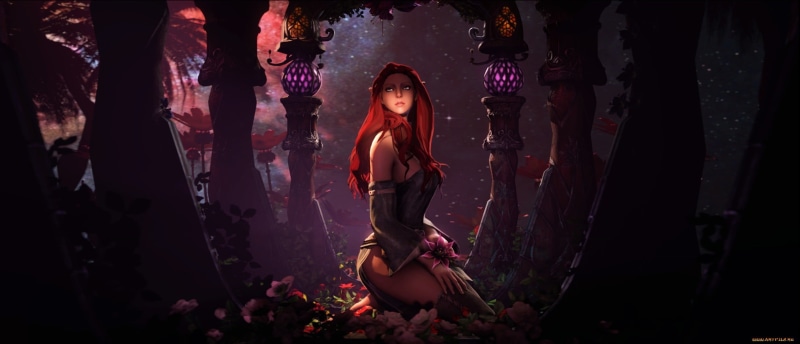 full length, dress, 1080P, illustration, outdoors, standing, adult, dark, one person, hair, fantasy art, three quarter length, looking at camera, clothing