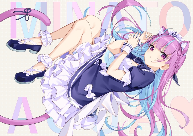 2K, frills, Minato Aqua, purple hair, Hololive, cat tail, purple eyes, cat ears
