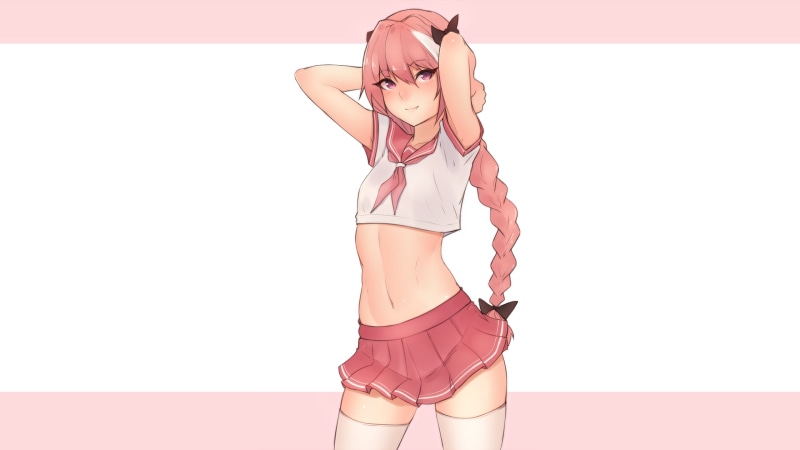 traps, zettai ryouiki, bluefield, thigh-highs, bare midriff, Rider of Black, pink hair, pink skirt, femboy, Astolfo (Fate/Apocrypha), anime boys, 2K, long hair
