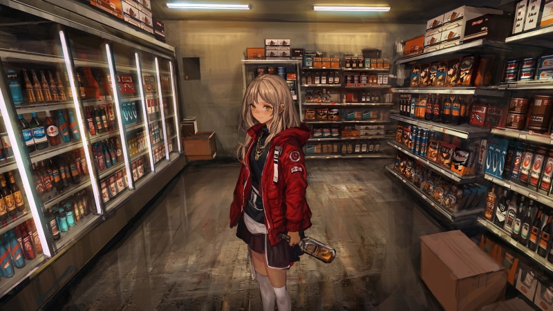anime girls, alcohol, food, 1080P, zettai ryouiki, stores