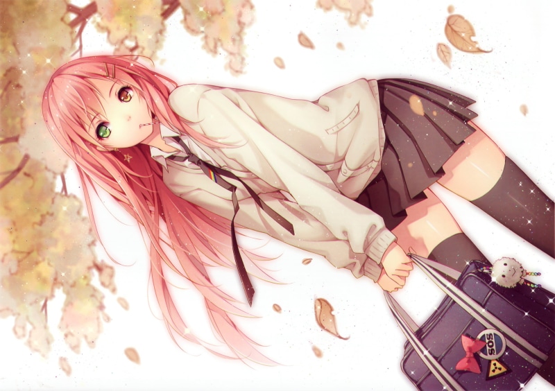 food, haired, bag, woman, anime, high angle view, animal themes, animal representation, invertebrate, pink, wearing, representation, school uniform, skirt