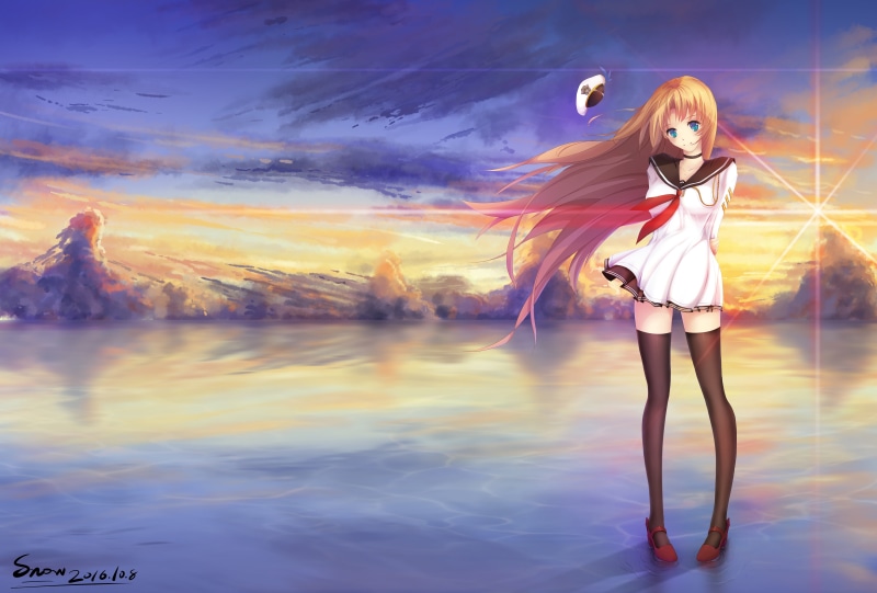 blue eyes, blonde, long hair, 5K, zettai ryouiki, anime, anime girls, sunset, stockings
