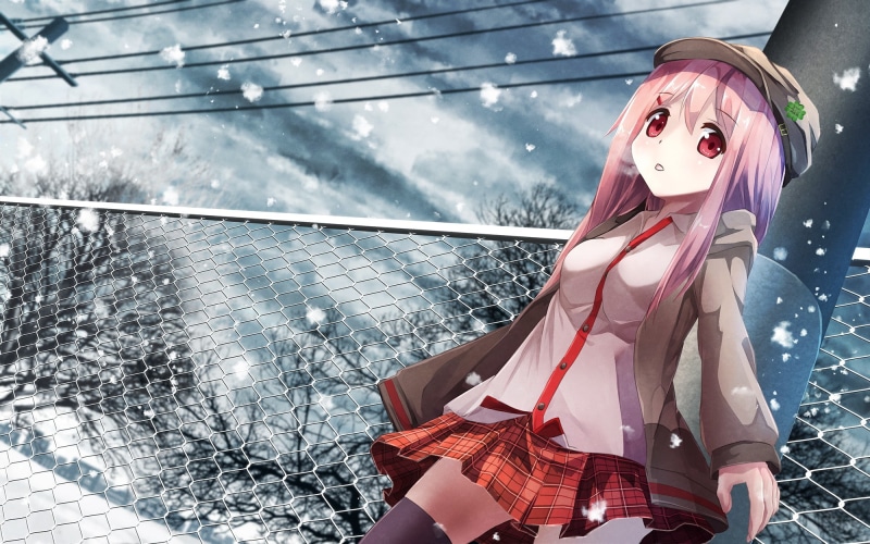sunlight, nature, skirt, red, anime, glass - material, zettai ryouiki, hat, representation, anime girls, snow, real people, red eyes, original characters