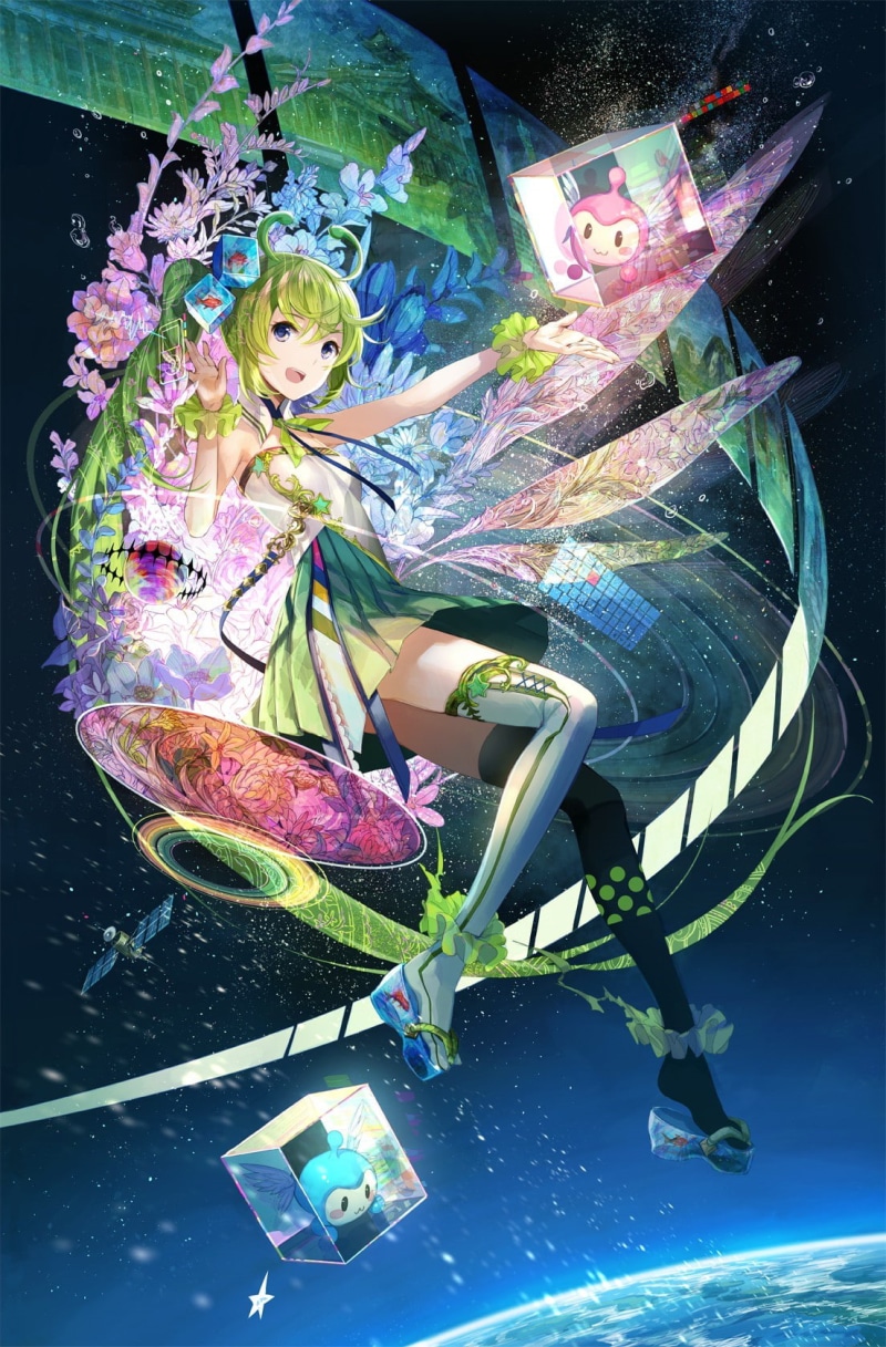 Bare Shoulders, creativity, water, Earth, indoors, nature, multi colored, one person, Green Hair, Skirt, art and craft, child, 720P, Zettai Ryouiki, cube