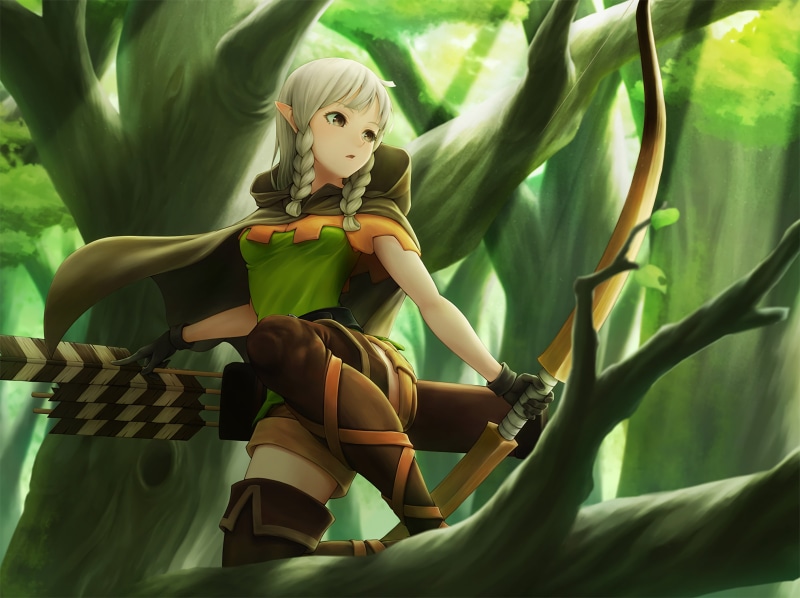 young women, twintails, beautiful woman, forest, gray hair, fashion, weapon, real people, long hair, Dragons Crown, bow, anime, hairstyle, zettai ryouiki