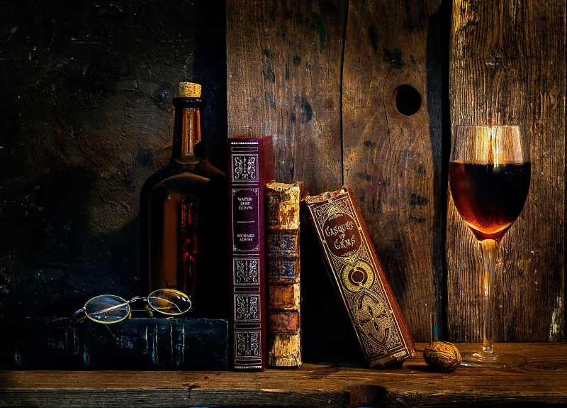 still life, assorted, antique, no people, wine, book, indoors, 1080P, choice, container, red wine, books, wineglass, three, bottle, refreshment, glass