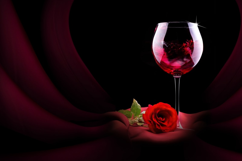rose, flowering plant, red, black background, food and drink, flower head, refreshment, wineglass, nature, wine, beauty in nature, flower, drink, close-up