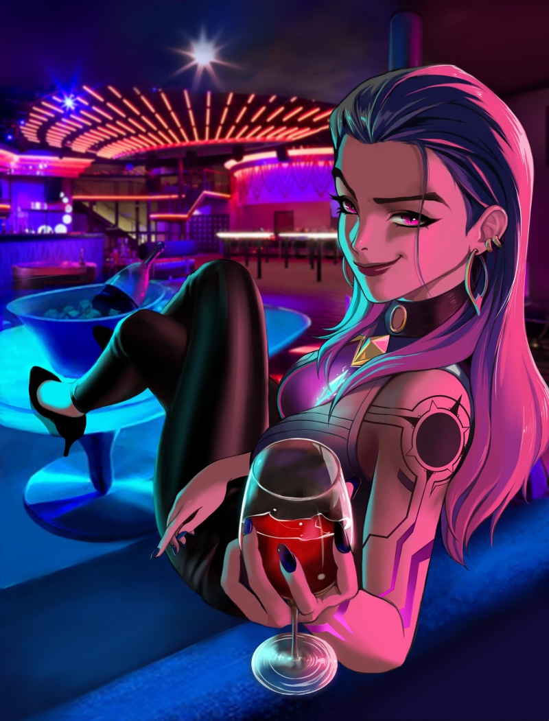 red wine, portrait display, Reyna (Valorant), ArtStation, Taois Thu, women, legs crossed, digital art, 1080P, wine glass, video game girls, pink eyes