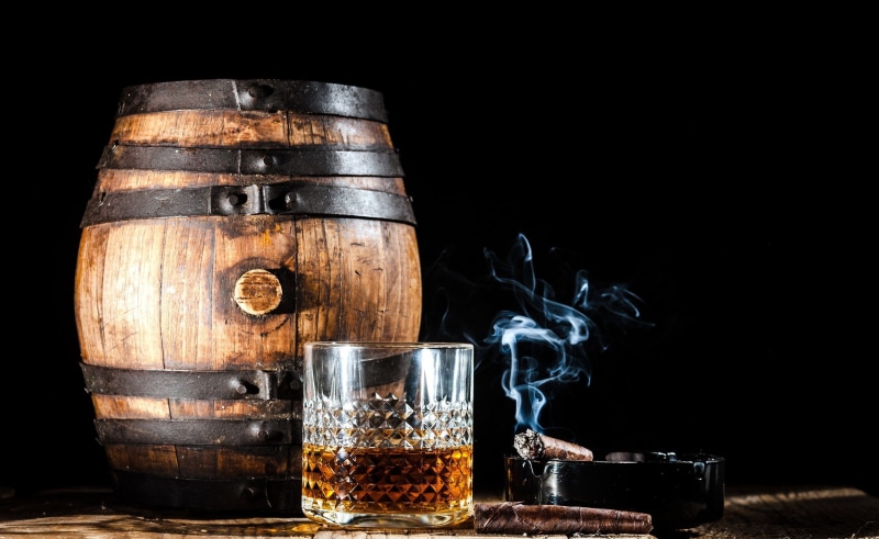 smoke, cigars, barrels, drinking glass, 2K, alcohol