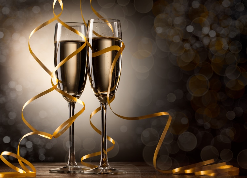 still life, ribbon, tape, gold colored, Happy New Year, transparent, indoors, celebration, clear, table, Merry Christmas, glass, alcohol, drink, wineglass
