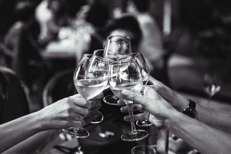 drinking Glass, Friends, glass, smiling, dinner, wineglass, celebration, friendship, fun, women, men, wine, holding, household equipment, happy, hand, party