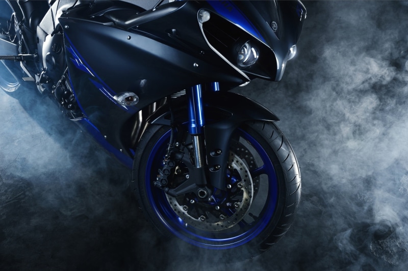 indoors, sports, high angle view, wheel, medical equipment, day, Yamaha YZF R1, no people, motorcycle, black, bike, stationary, blue, transportation, motorbike
