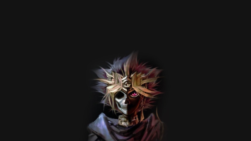 black background, costume, one person, yu, indoors, obscured face, illustration, unrecognizable person, portrait, mask - disguise, front view, headshot