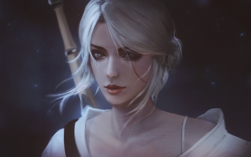 anime, females, haired, indoors, black background, 1080P, Cirilla Fiona Elen Riannon, beautiful woman, beauty, female, studio shot, contemplation, adult