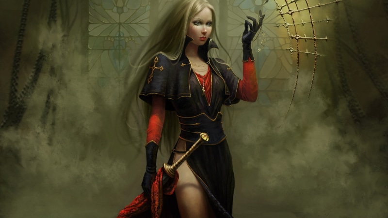 front view, hair, fantasy art, young women, indoors, beautiful woman, blonde, woman, warrior, cross, leisure activity, scarf, gloves, standing