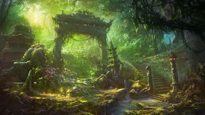 trunk, plant, tree, forest, water, ruin, vegetation, jungle, day, built structure, fantasy art, rainforest, architecture, tree trunk, green color, woodland