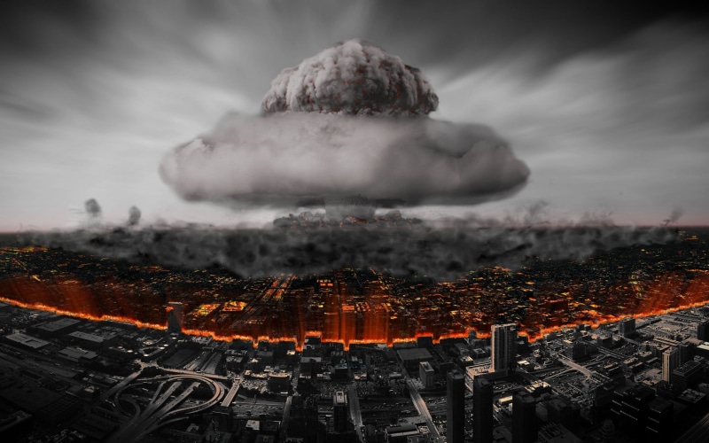  apocalyptic, no people, tree, land, building, mountain, tower, explosion, urban Skyline, bombs, cloud - Sky, digital, famous Place, street, sky