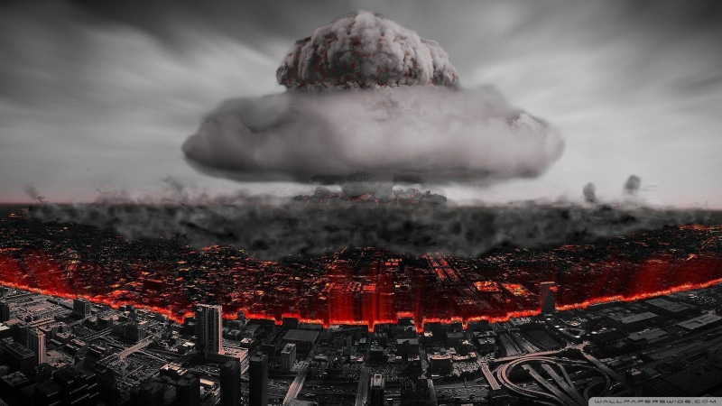 ruin, nuclear, atomic bomb, apocalyptic, cityscape, explosion, 1080P, digital art, city, selective coloring, bombs