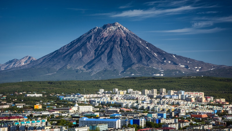 active volcano, daytime, volcano, cold temperature, nature, mount scenery, mountain range, tourist attraction, city, day, kamchatka krai, mountain, scenics - nature
