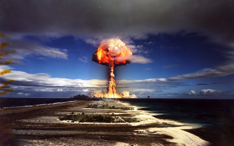 flame, horizon over water, water, clear sky, atomic bomb, bombs, sign, day, warning sign, nuclear, military, motion, sky, blue, night, famous Place, smoke - Physical Structure