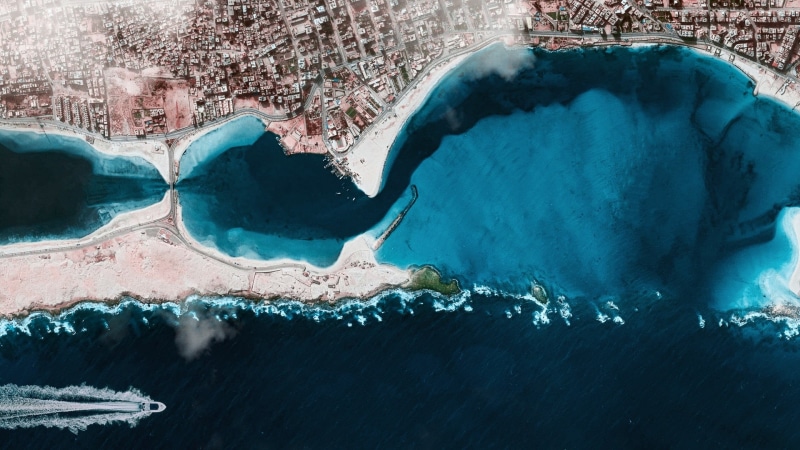 physical geography, no people, active volcano, turquoise colored, aerial view, volcanic crater, geology, landscape, environment, ship, photography, coastline