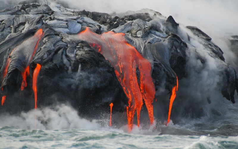 geology, outdoors, volcano, heat - temperature, steam, power, smoke - physical structure, flowing, mountain, flow, environment, states, 2K, no people