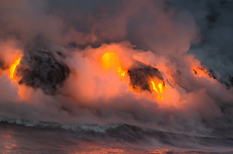 power, beauty in nature, tourism, heat - temperature, Hawaii, erupting, eruption, flowing, environment, 4K, 5k, volcano, orange color, sea, land, geology