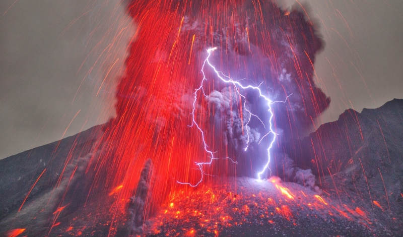 erupting, volcano, physical geography, aggression, communication, mountain, volcanic crater, active volcano, warning sign, lightning, cloud - sky, environment