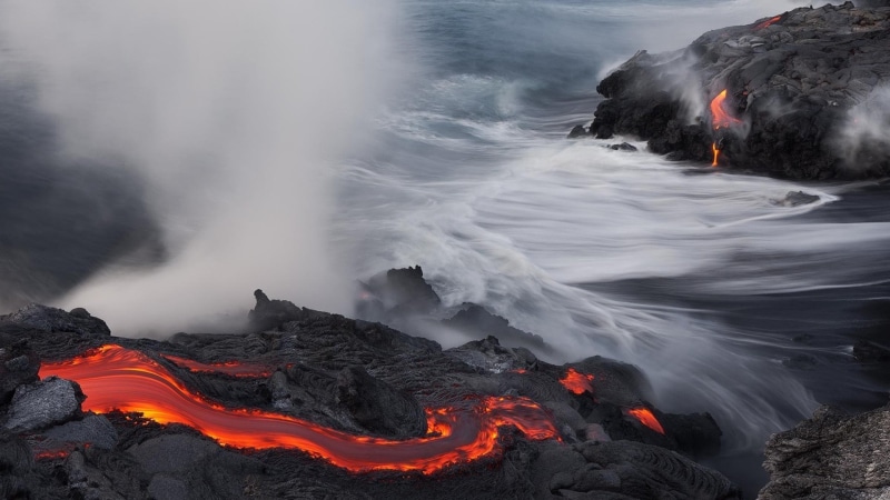 motion, solid, flowing, geology, 1080P, water, active volcano, sea, land, beauty in nature, mountain, physical geography, lava, nature, power in nature