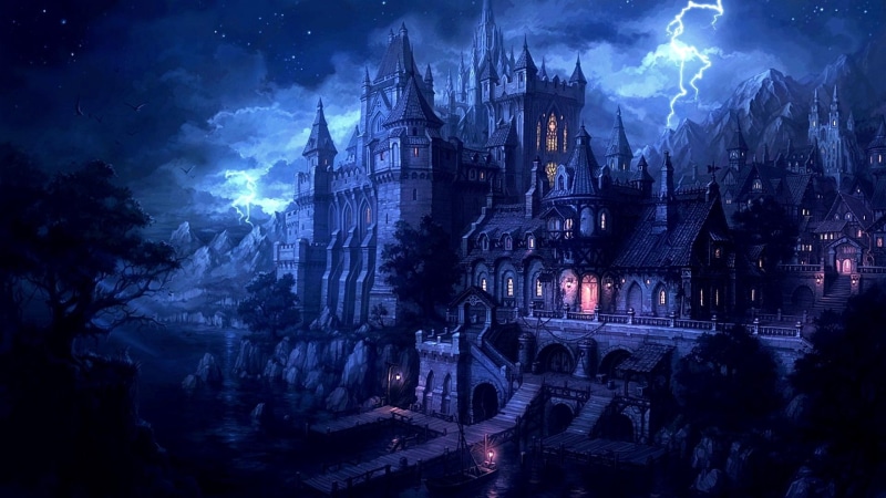 nigh, blue, beautiful, amazing, lightning, castle, dark, ship, fantasy, 1080P, thunder, color, splendor, colors