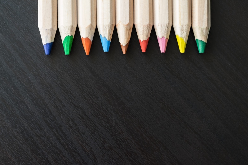 writing instrument, room for text, kids, table, variation, crayon, colorful, minimalistic, desk, school, equipment, black, studio shot, pencils, top, drawing