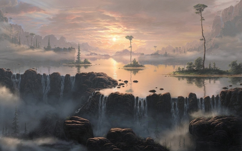 cloud - sky, landscape, tree, environment, plant, outdoors, idyllic, fantasy art, mountain, illustration, sunset, water, 1080P, tranquil scene, fog, no people