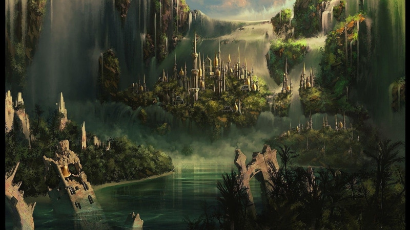 waterfall, ancient, 1080P, 1920x1080, jungle, illustration, fantasy, ruins, among, kingdom, castle