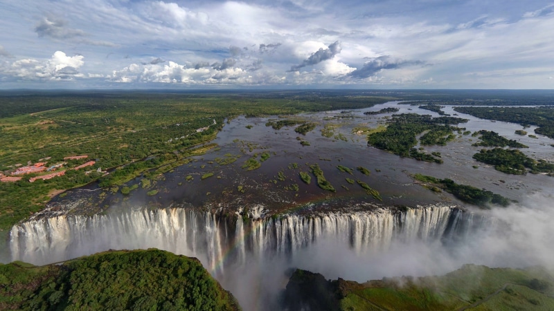 waterfall, cloud - sky, tranquil scene, Victoria Falls, Zambezi River, water, trees, scenics - nature, outdoors, sea, travel, beauty in nature, lake, motion