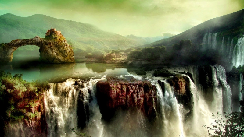 rock, fantasy art, outdoors, mountain, sky, solid, 1080P, cloud - sky, rock - object, river, nature, flowing, flowing water, waterfall, environment, stream - flowing water