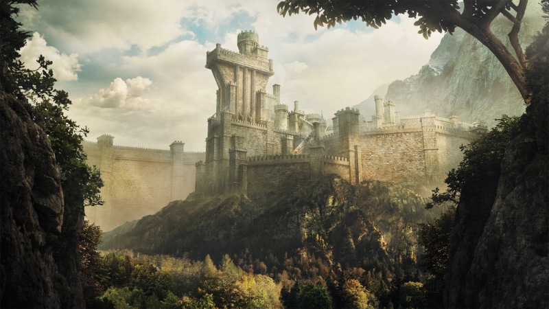 artwork, fantasy art, growth, day, the past, fog, castle, history, travel, city, building, tourism, cloud - sky, 1080P, tree, plant, fantasy city