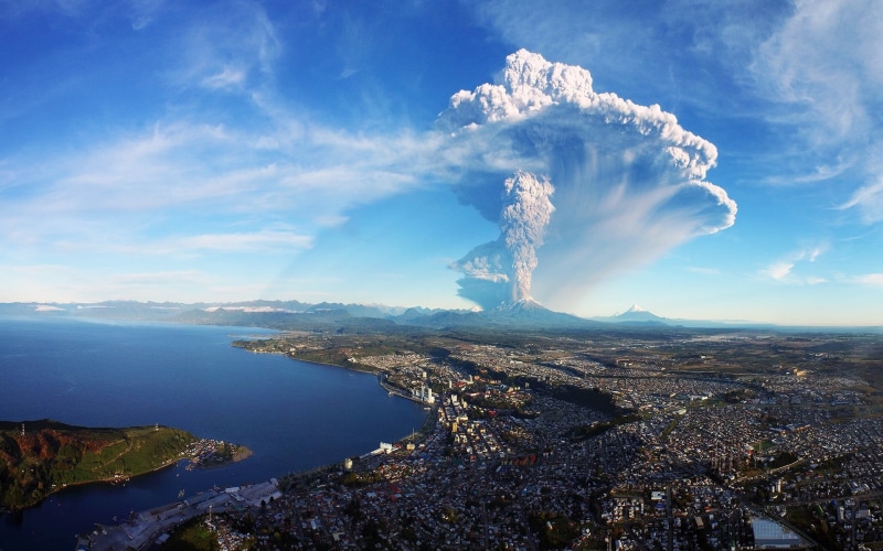 aerial view, volcanic crater, cityscape, non-urban scene, erupting, sea, forest, ash, scenics - nature, famous Place, daytime, 1080P, environment, no People