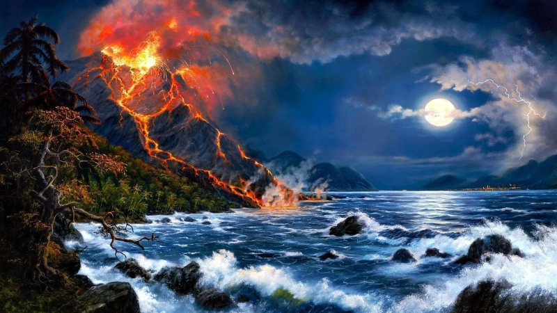 1080P, volcanoes, volcano, oil, painting, oils, abstract, erupting, paintings, 3d and abstract