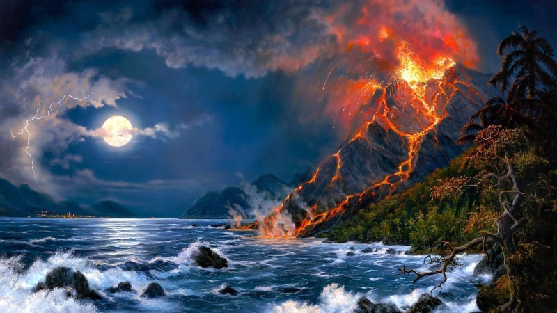 volcano, nature, moon, full moon, magma, water, smoke, geological phenomenon, wave, night, sky, rock, eruption, sea, phenomenon, lava, hot, fantasy art