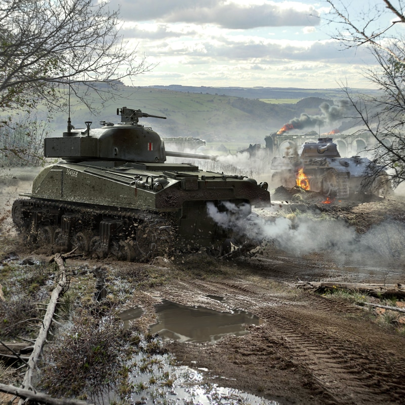 built structure, smoke - physical structure, train - vehicle, day, war, motion, water, cloud - sky, outdoors, 2K, World Of Tanks, land vehicle, steam train