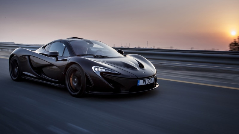 sport, black, motor vehicle, p, personal land vehicle, sports car, motor racing track, nature, formula one racing, sky, McLaren P1, outdoors, motion, sunset