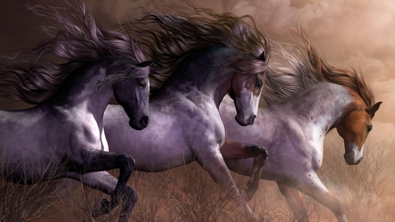 horses, gallop, art, wild horse, mustang, mare, artwork, mane, 1080P, motion, horse, painting, mustang horse, running