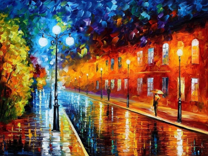 night, decoration, water, outdoors, lights, multi colored, street, road, painting, illuminated, building, ceiling, architecture, Leonid Afremov, orange color