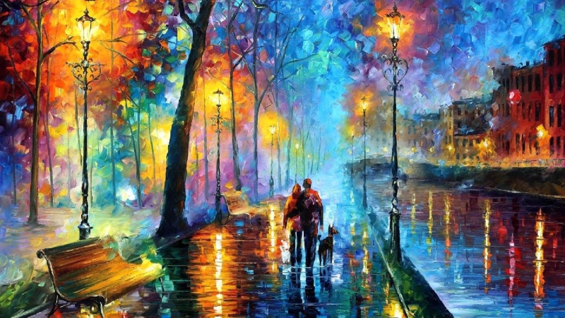 lights, painting, leonid afremov, art, bench, street lights, 1080P, couple, painting art, autumn, rainy, street