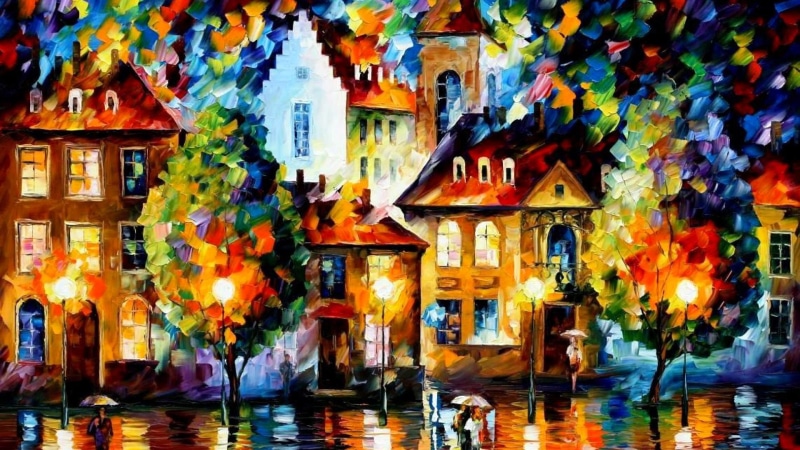 waterfront, wall - building feature, yellow, art, outdoors, motion, town, oil Painting, full frame, buildings, 1080P, lighting Equipment, christmas, people