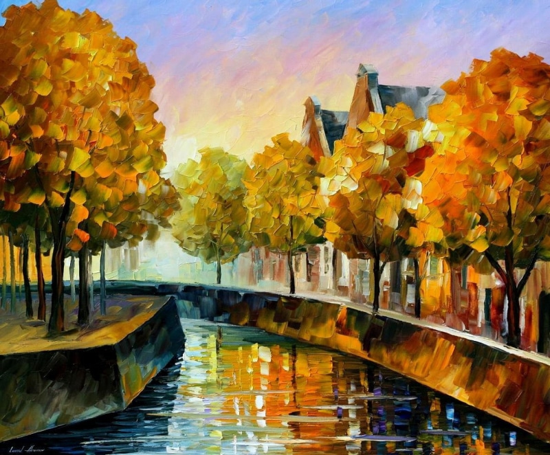 multi Colored, river, 480P, architecture, day, lake, sunset, red, cultures, autumn, body, season, change, nature, Leonid Afremov, tree, landscape, no people