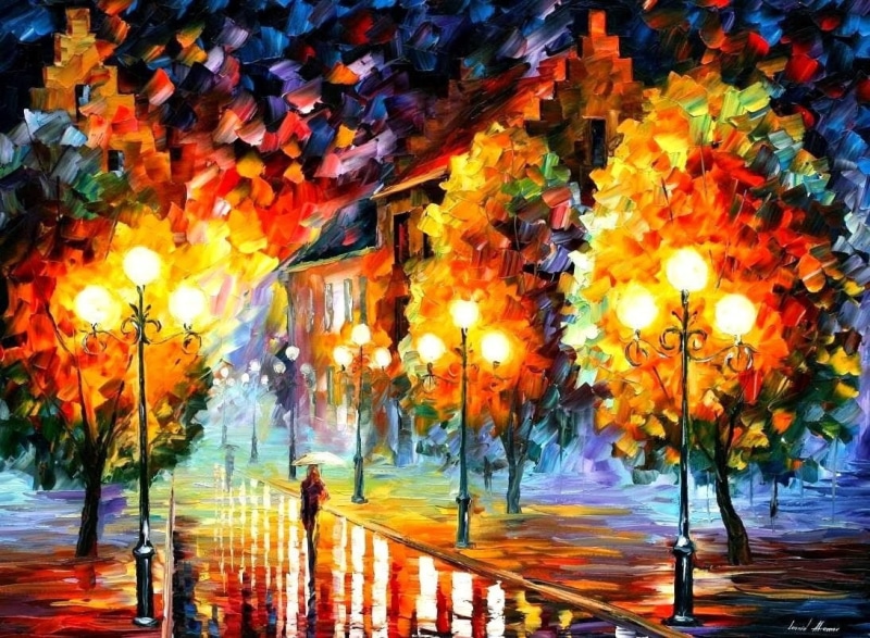 Fall, painting, Street Light, Leonid Afremov, 480P, path, rain